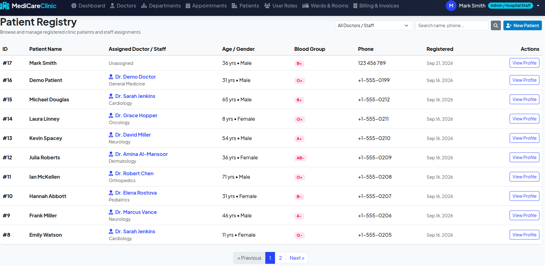 Patient Registry Screenshot